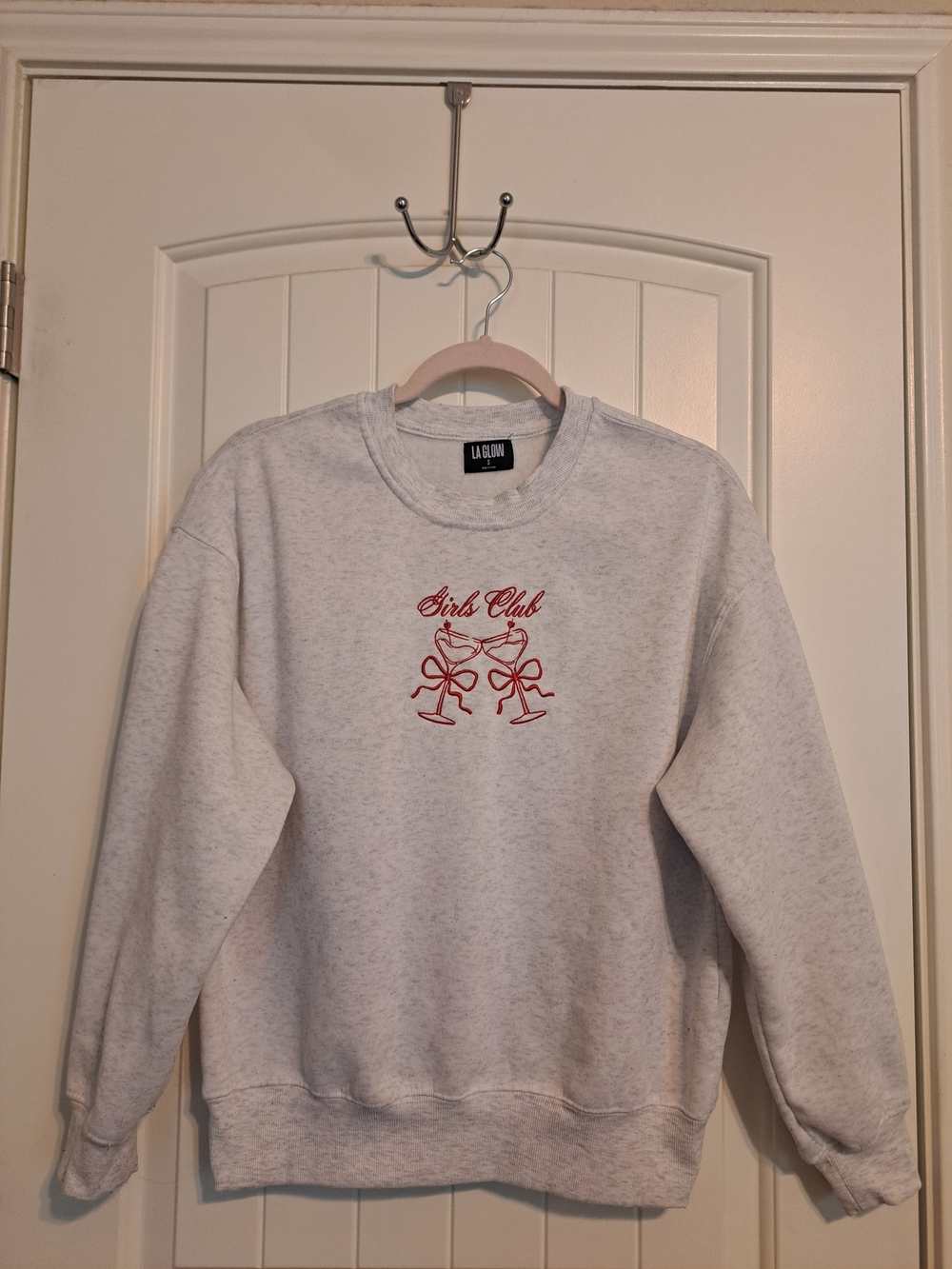 🎀Girls Club🍷Coquette Bow Wine Glass Embroidered Crewneck Gray Small